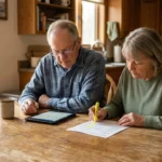 A senior couple sits at their sunlit kitchen table, calmly reviewing bank statements and a tablet together.