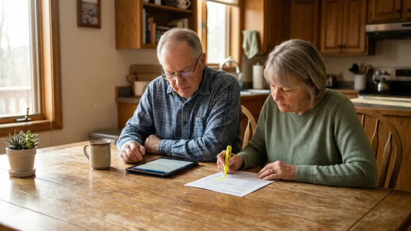 A senior couple sits at their sunlit kitchen table, calmly reviewing bank statements and a tablet together.