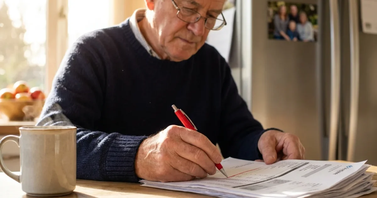 A senior man at a kitchen table using a red pen to cross out expensive items on a monthly bill during a sunny morning.
