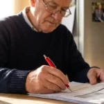A senior man at a kitchen table using a red pen to cross out expensive items on a monthly bill during a sunny morning.