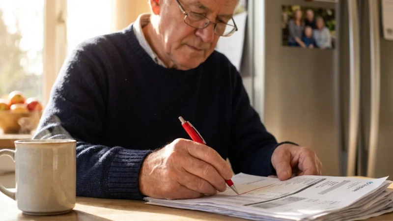A senior man at a kitchen table using a red pen to cross out expensive items on a monthly bill during a sunny morning.