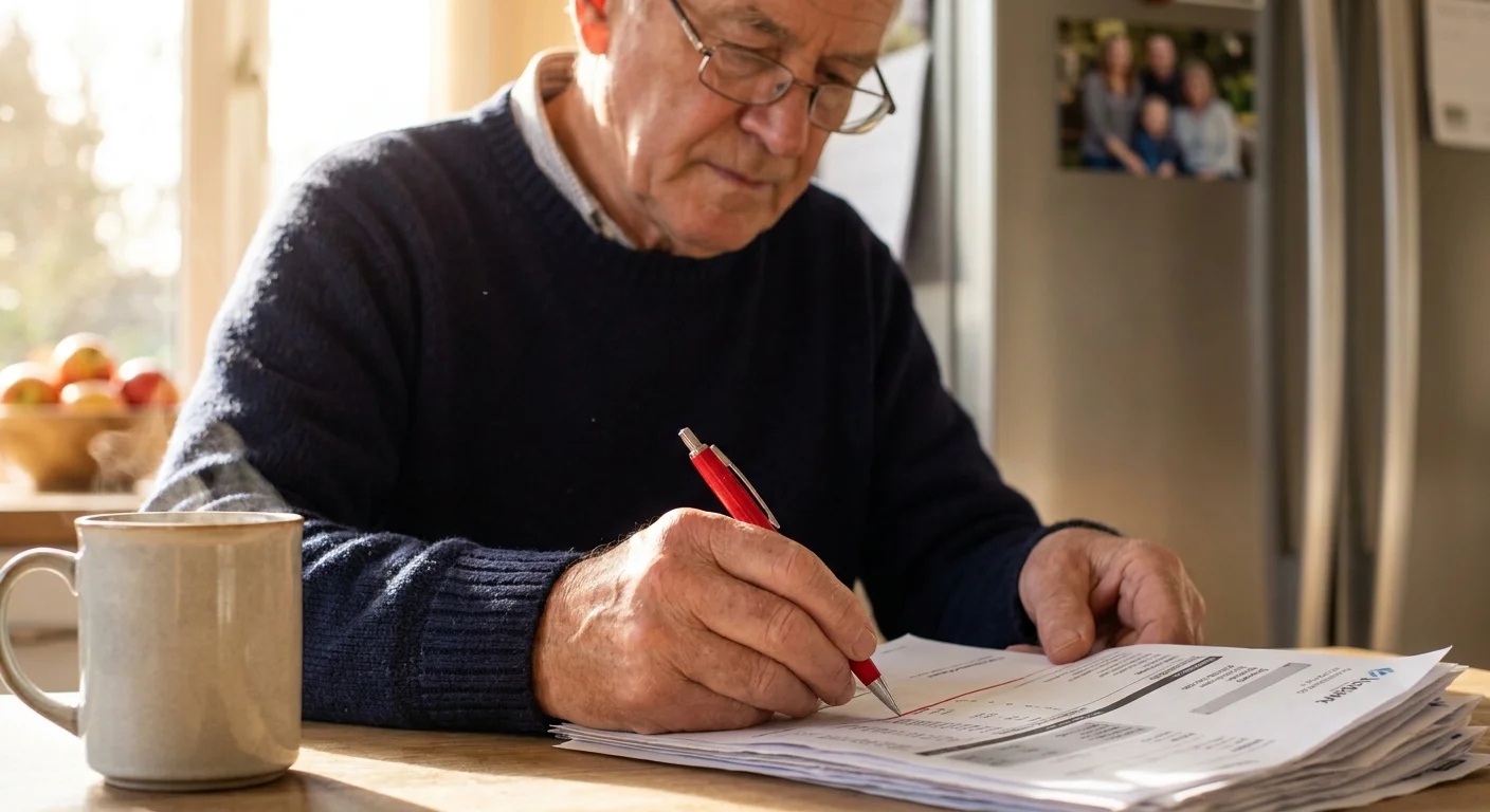 A senior man at a kitchen table using a red pen to cross out expensive items on a monthly bill during a sunny morning.