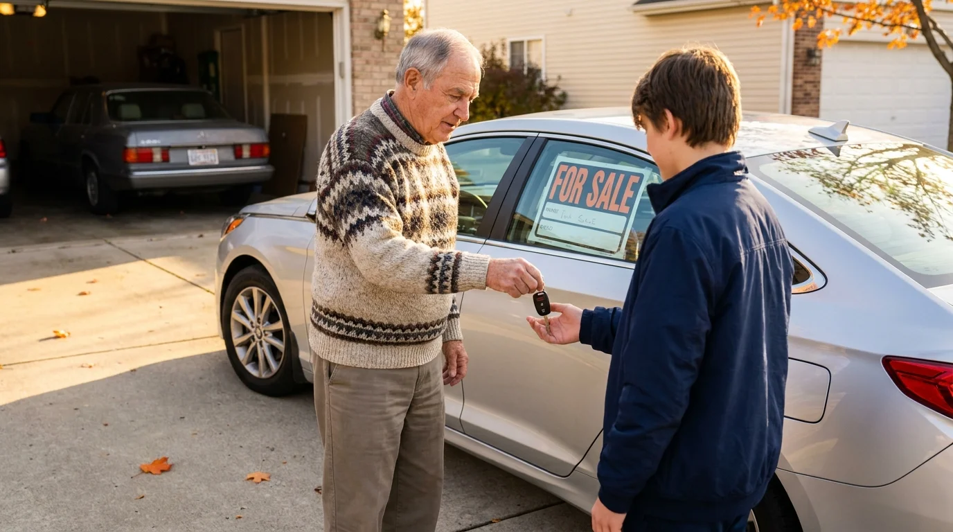 A senior man hands over car keys to a buyer in a driveway, with a 'For Sale' sign on the vehicle.