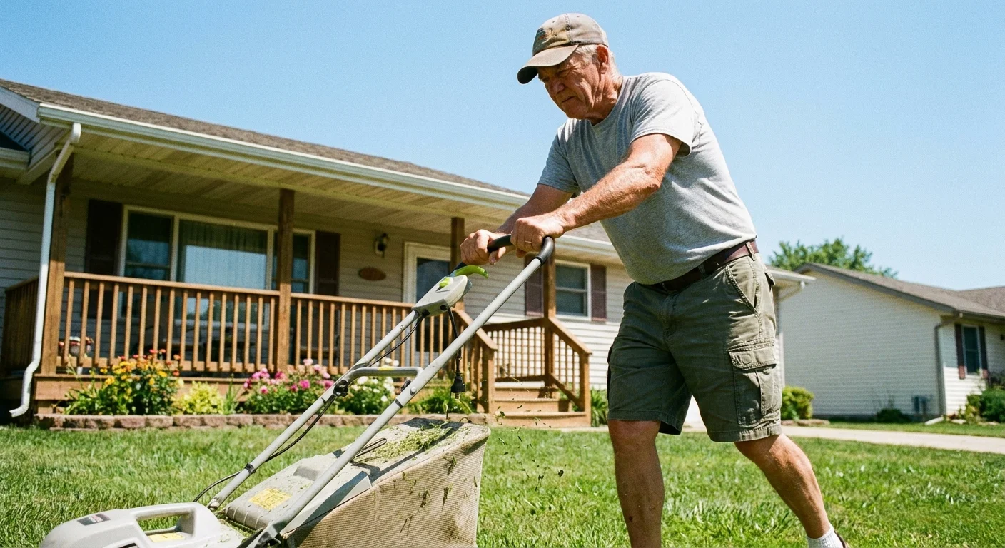 A senior man in a baseball cap pushing an electric lawnmower across his bright green suburban lawn on a sunny day.