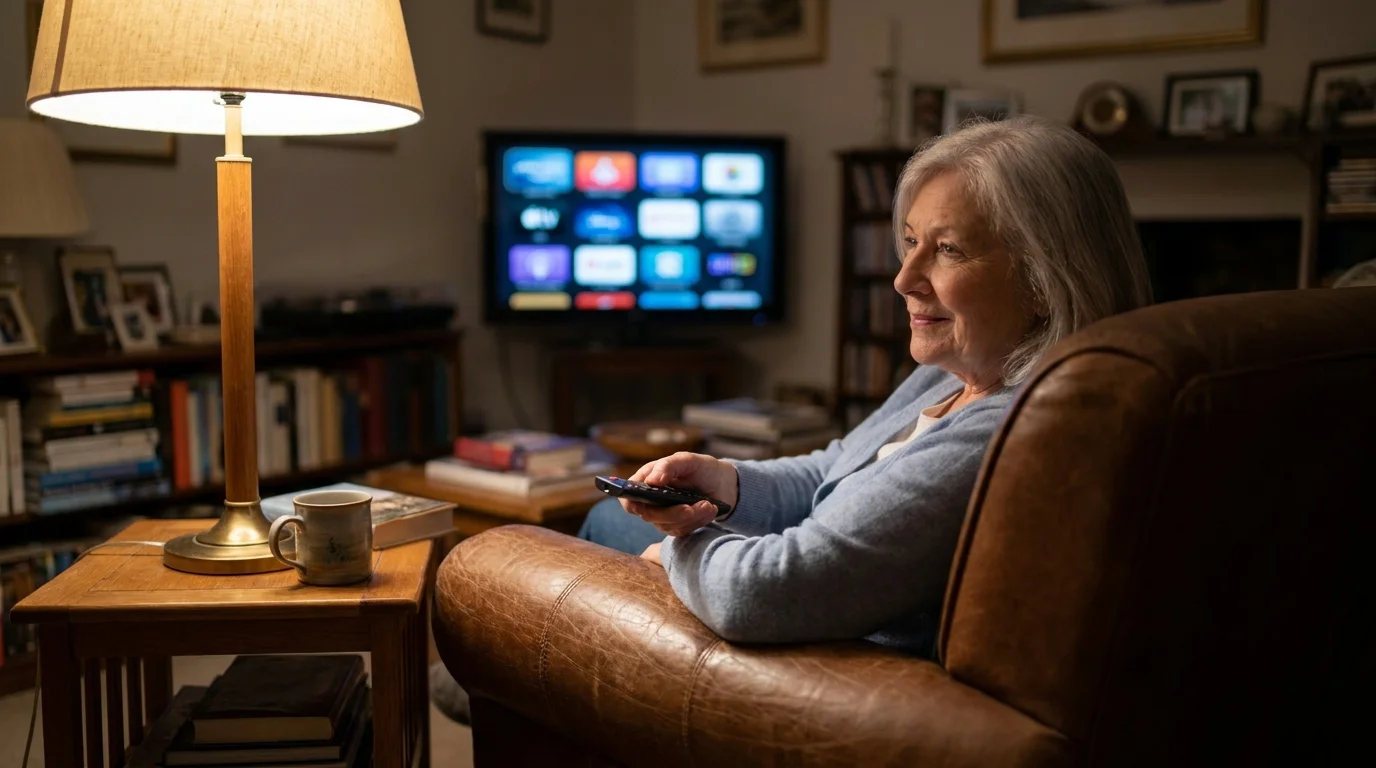 A senior woman relaxes in her living room, using a streaming remote to watch TV without a cable box.