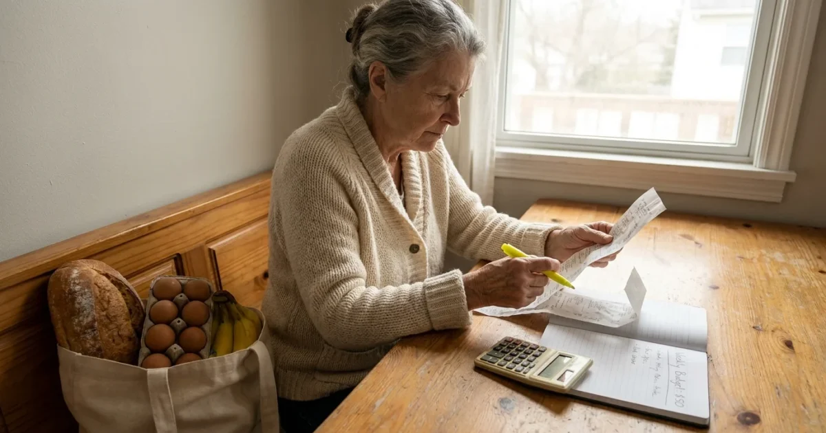A senior woman sits at her kitchen table with a $50 grocery budget notebook, a receipt, and a bag of basic staples in morning light.