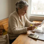 A senior woman sits at her kitchen table with a $50 grocery budget notebook, a receipt, and a bag of basic staples in morning light.