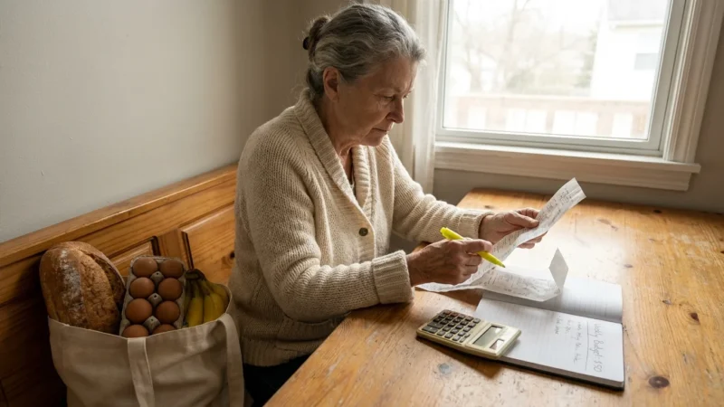 A senior woman sits at her kitchen table with a $50 grocery budget notebook, a receipt, and a bag of basic staples in morning light.