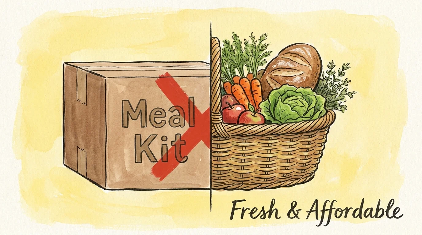 A split illustration comparing a boring meal kit box with a cross through it to a vibrant basket of fresh, whole groceries.