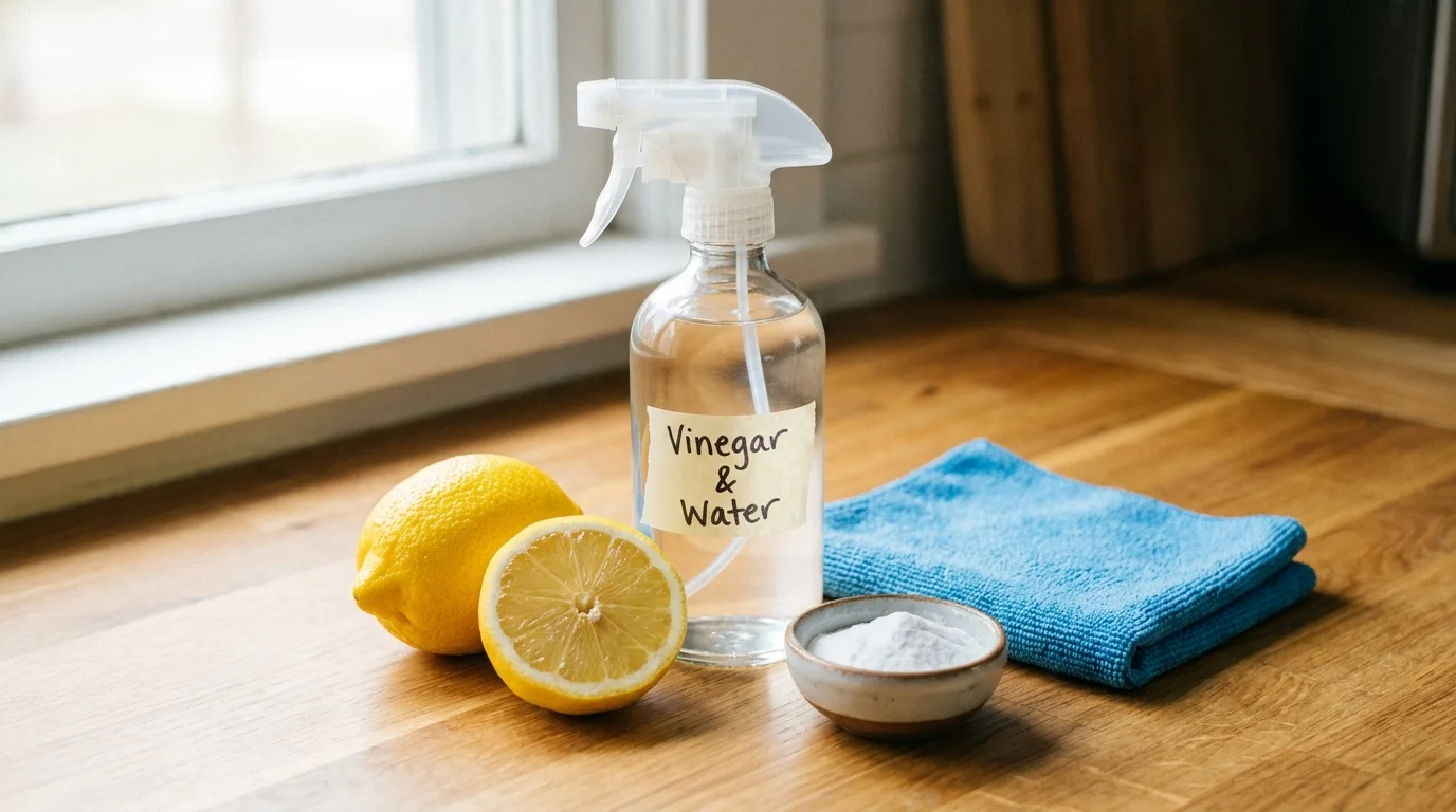 A still life of a DIY cleaning spray bottle, a cut lemon, and baking soda on a sunlit wooden kitchen counter.