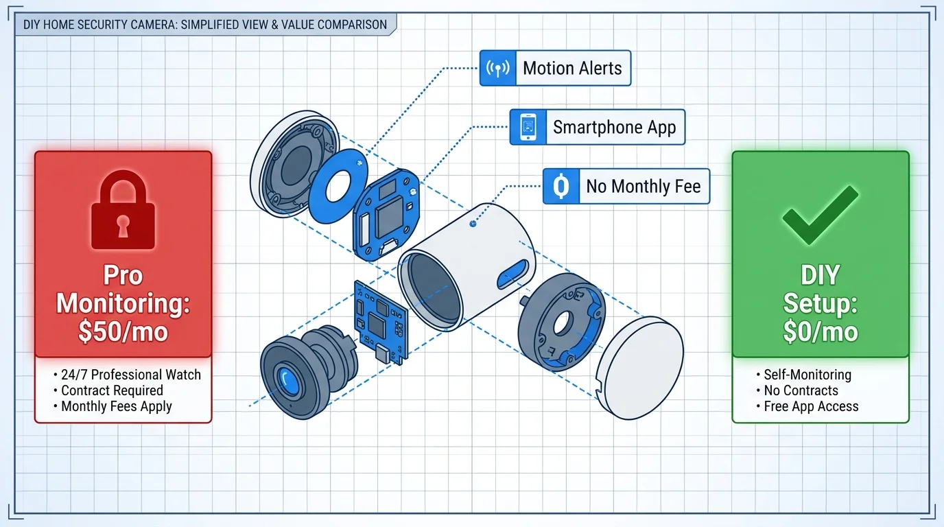 A technical diagram comparing expensive professional home security monitoring to a free, self-monitored smart camera system.