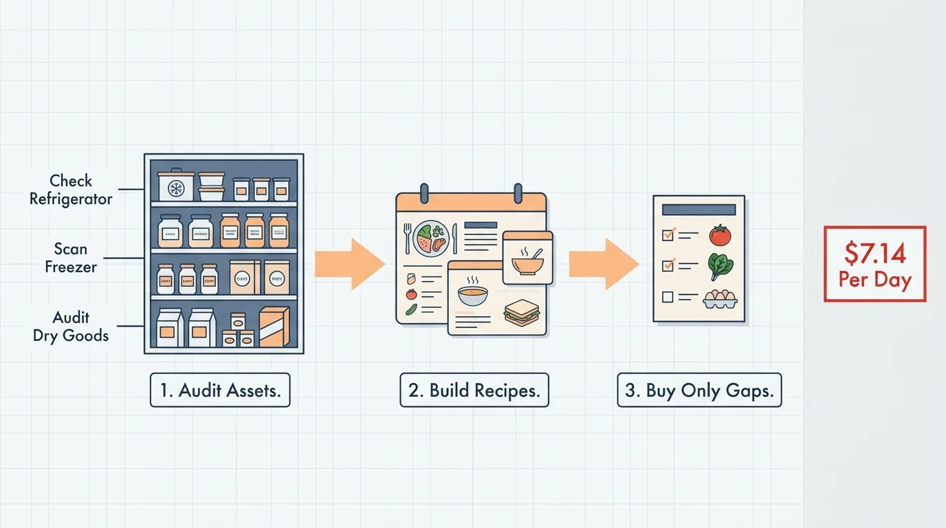 A three-step flowchart showing the Inventory-First Method: Audit Assets, Build Recipes, and Buy Only Gaps.
