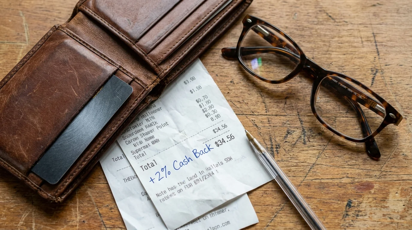 A top-down photo of a wallet, a credit card, and a receipt with '+2% Cash Back' handwritten on it.