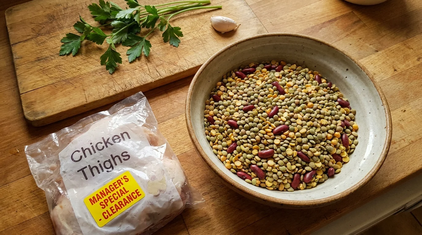 A top-down photo of dried beans in a ceramic bowl next to a pack of chicken thighs with a clearance sticker.