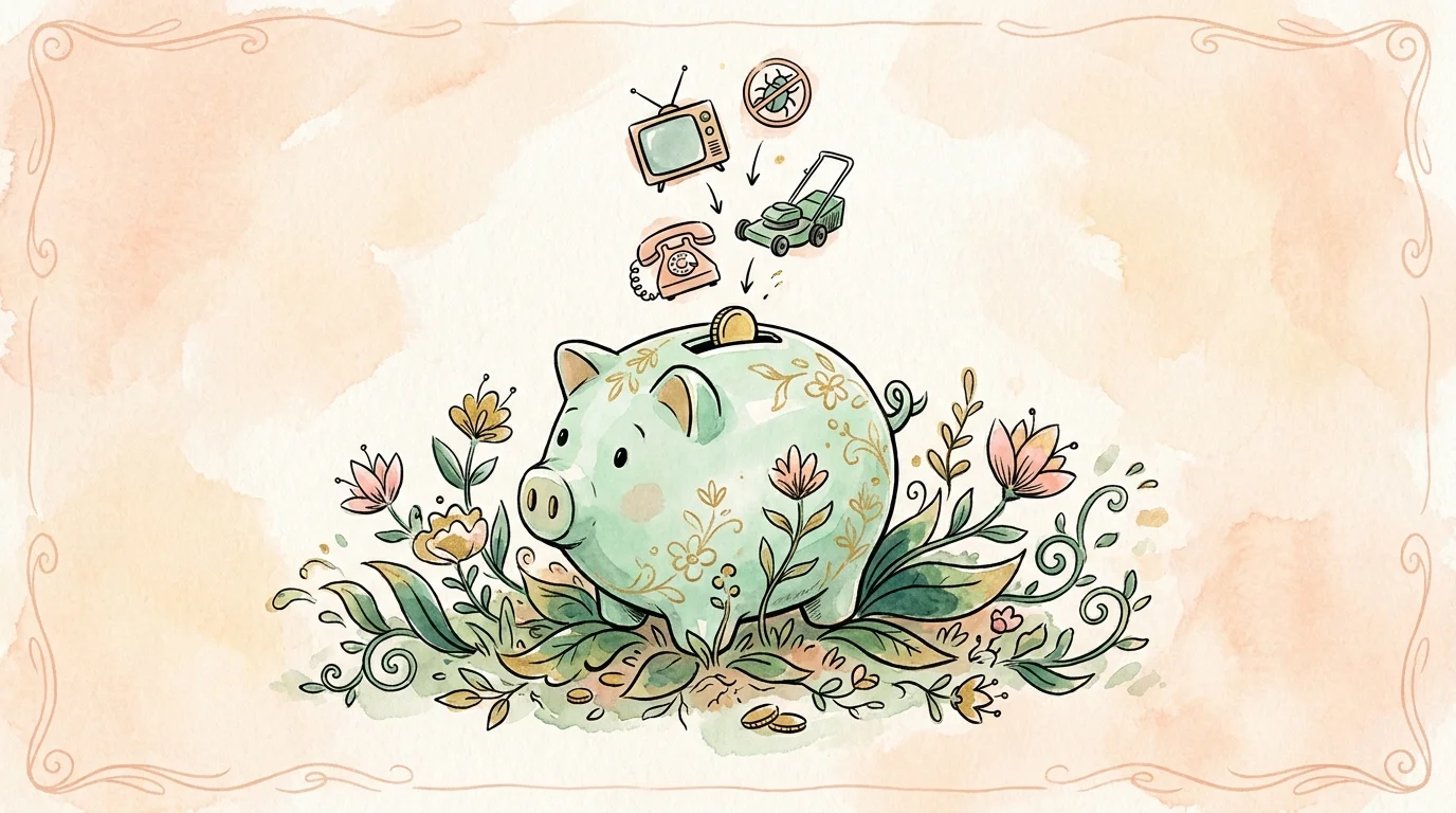 A watercolor illustration of a piggy bank being filled with icons of cancelled services, surrounded by growing green plants.