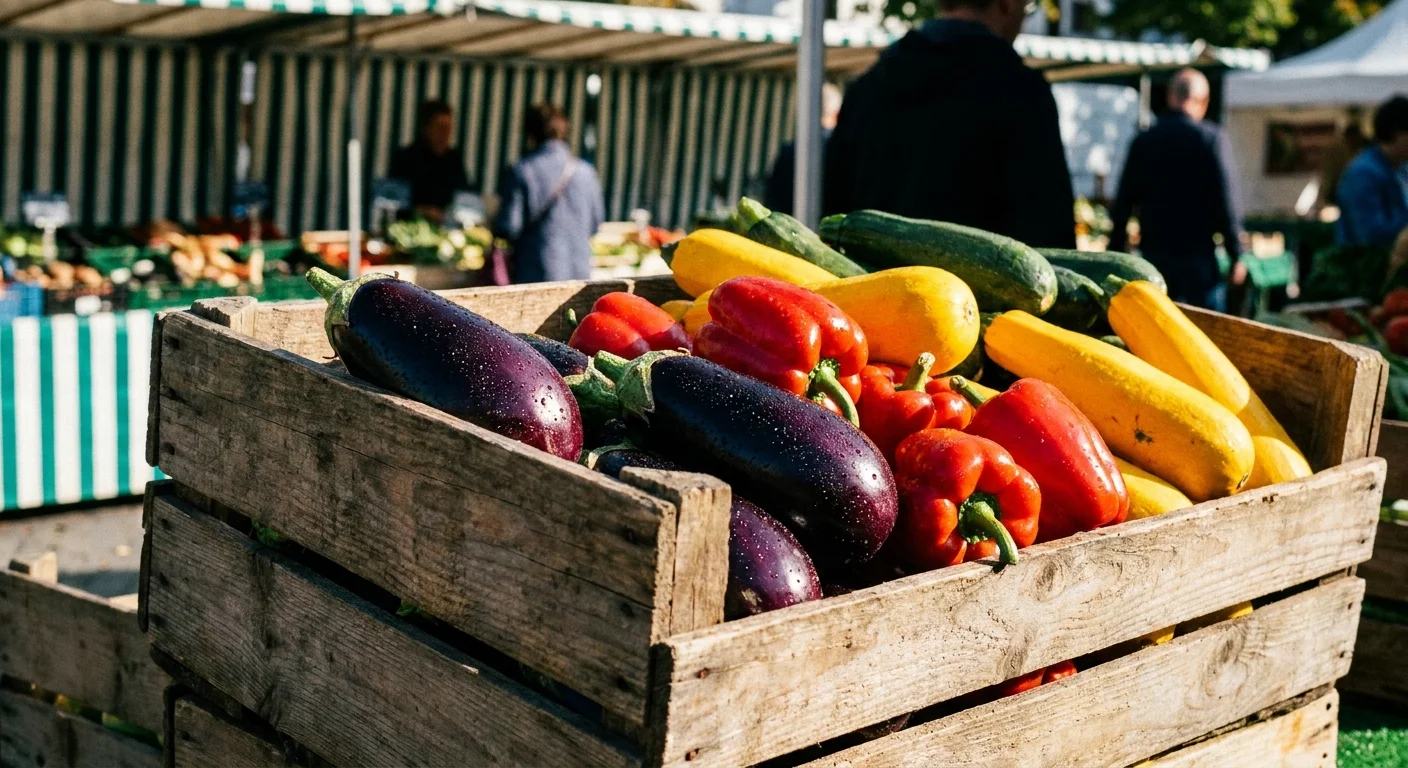 A wooden crate filled with vibrant, seasonal vegetables at an outdoor farmer's market.