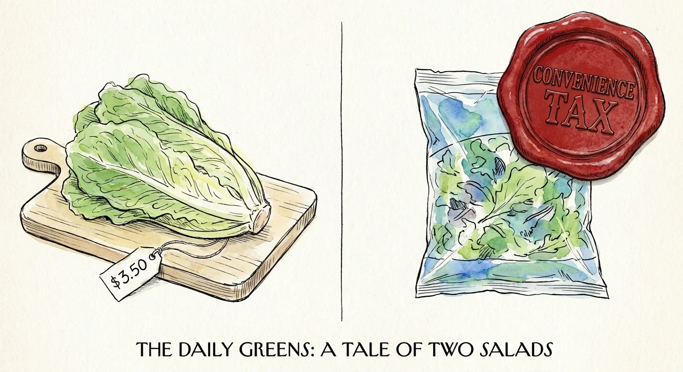 An illustration comparing a whole head of lettuce to a pre-packaged salad bag with a 'Convenience Tax' stamp.