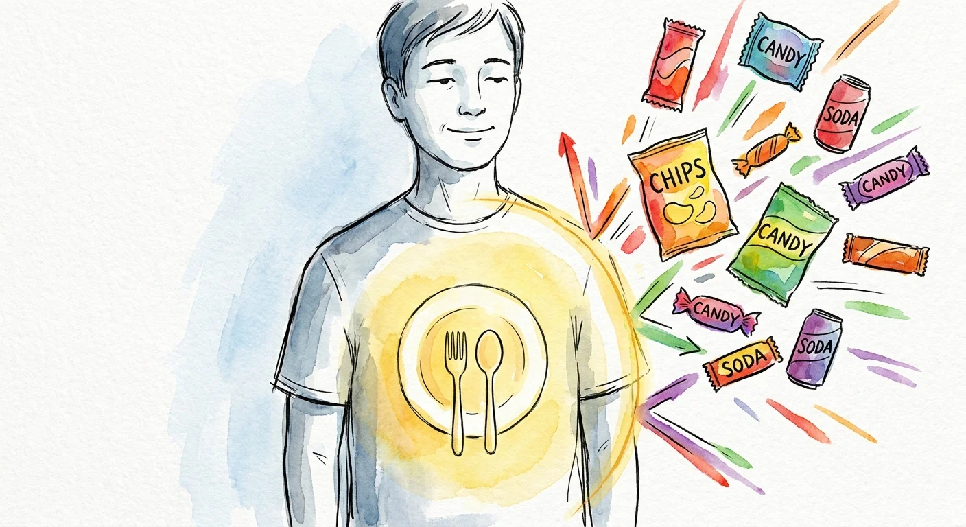 An illustration of a shopper with a glowing shield in their stomach deflecting unhealthy snack temptations.