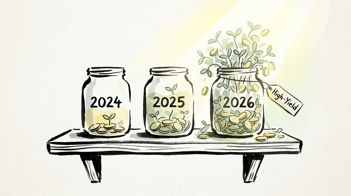 An illustration of glass jars over different years, with the 2026 jar showing the most growth and a 'High-Yield' tag.