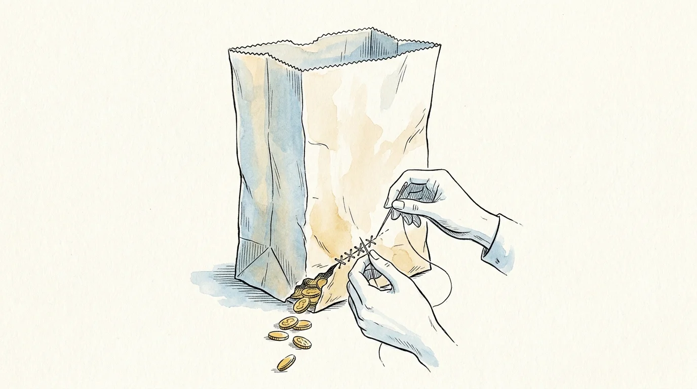 An illustration of hands sewing a hole in a grocery bag to stop coins from falling out.