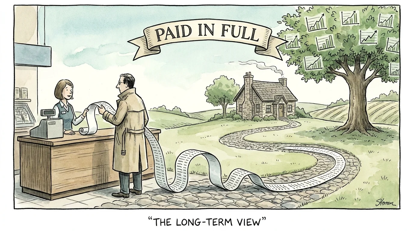 An illustration showing a grocery receipt turning into a path toward a home and a growing tree.