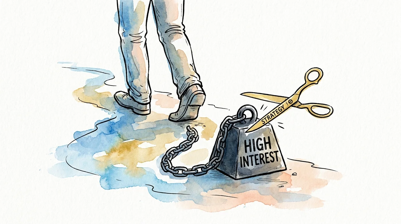 An illustration showing a 'HIGH INTEREST' weight being cut away, symbolizing debt freedom.