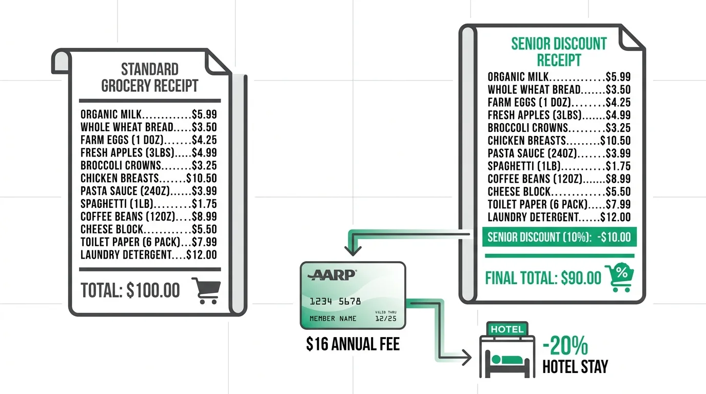 An infographic comparing a standard receipt to a discounted one, showing a 10% senior savings.