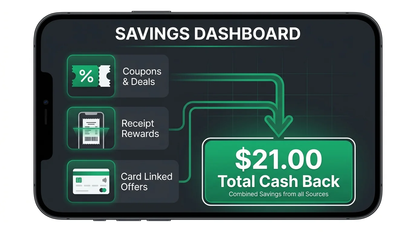 An infographic showing a smartphone screen stacking coupons and cash-back rewards to reach a $21 total.