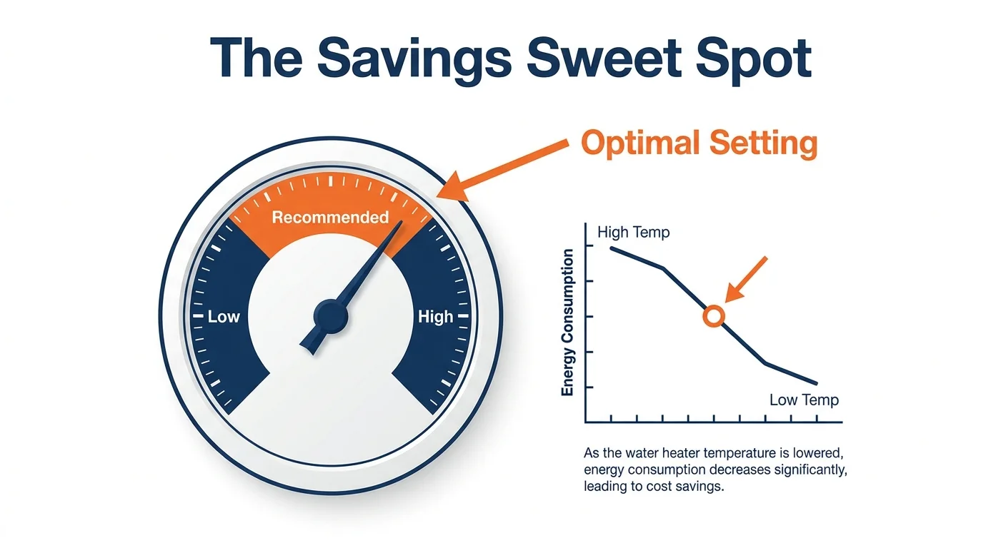 An infographic showing a water heater dial with a needle pointing to the 'Recommended' setting for energy savings.