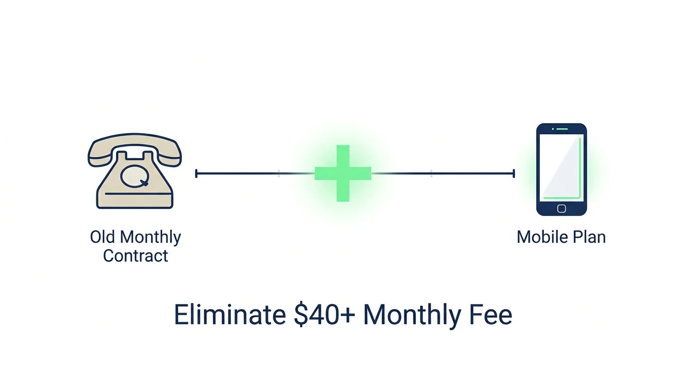 An infographic showing the transition from an expensive landline phone to a consolidated mobile plan to save money.