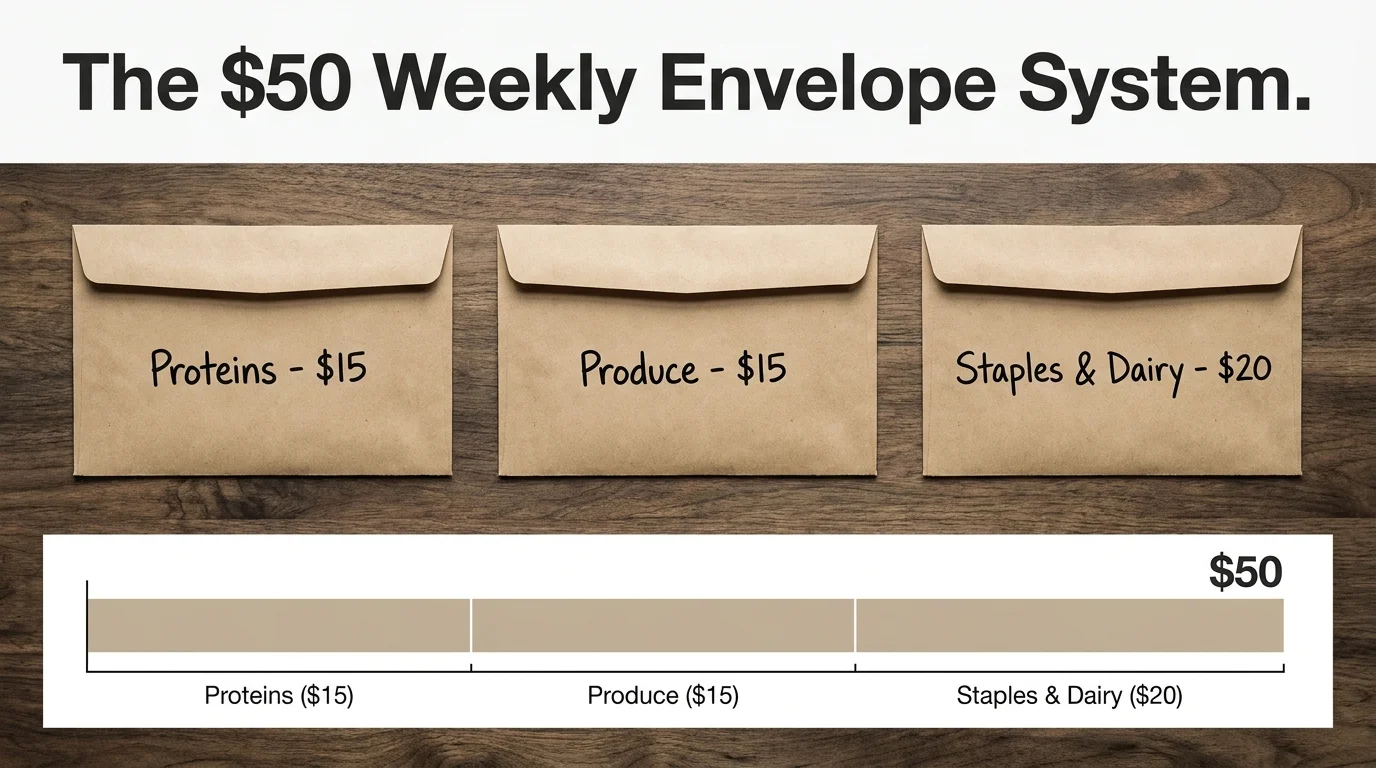 An infographic showing three envelopes labeled for Proteins, Produce, and Staples, totaling a $50 weekly budget.