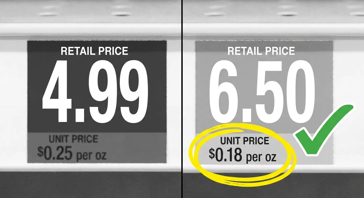 An infographic showing two shelf tags comparing retail price versus unit price to find the better deal.