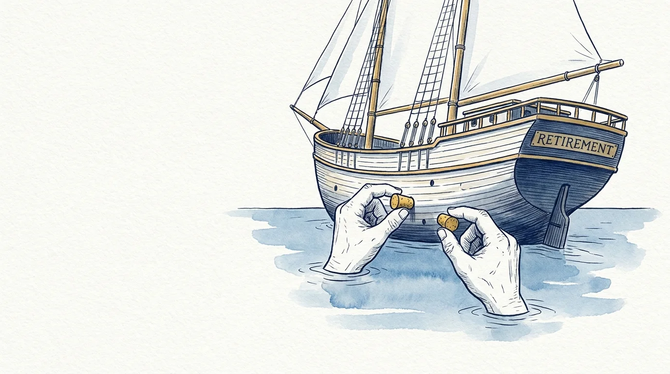 An ink illustration of hands plugging leaks in a wooden ship labeled 'RETIREMENT' to keep it afloat.