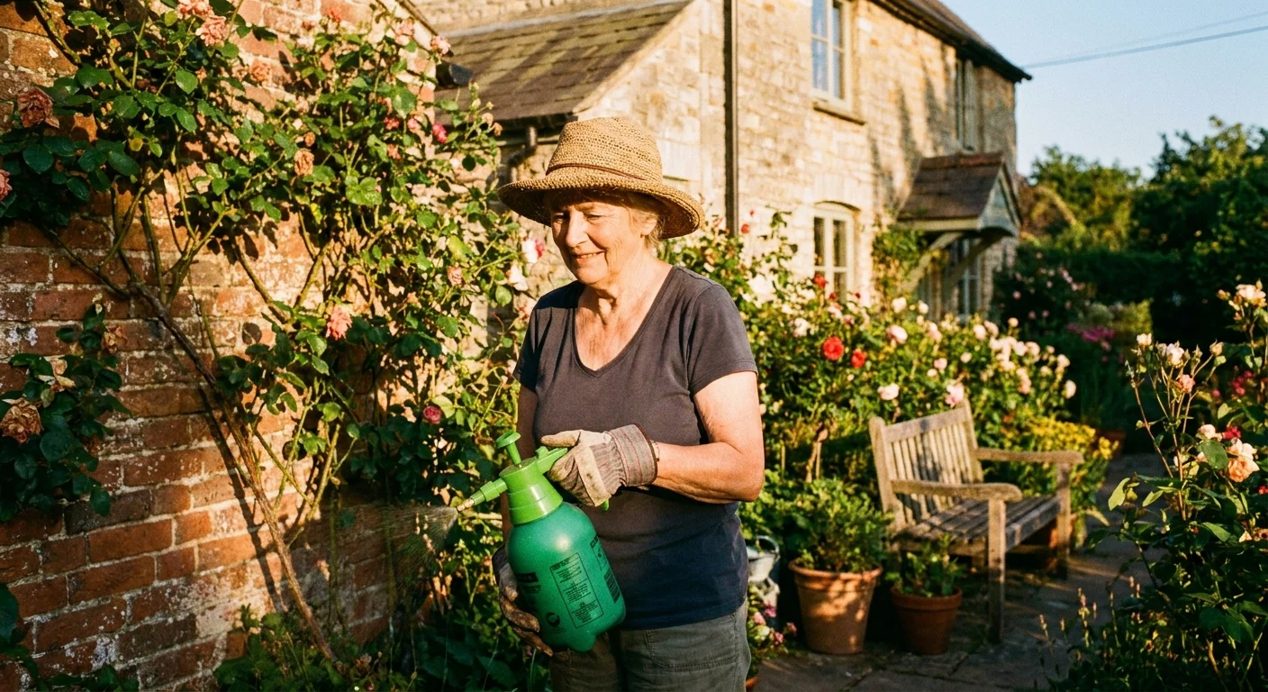 An older woman in a straw hat uses a hand-pump sprayer to treat the perimeter of her brick home in a sunny garden.