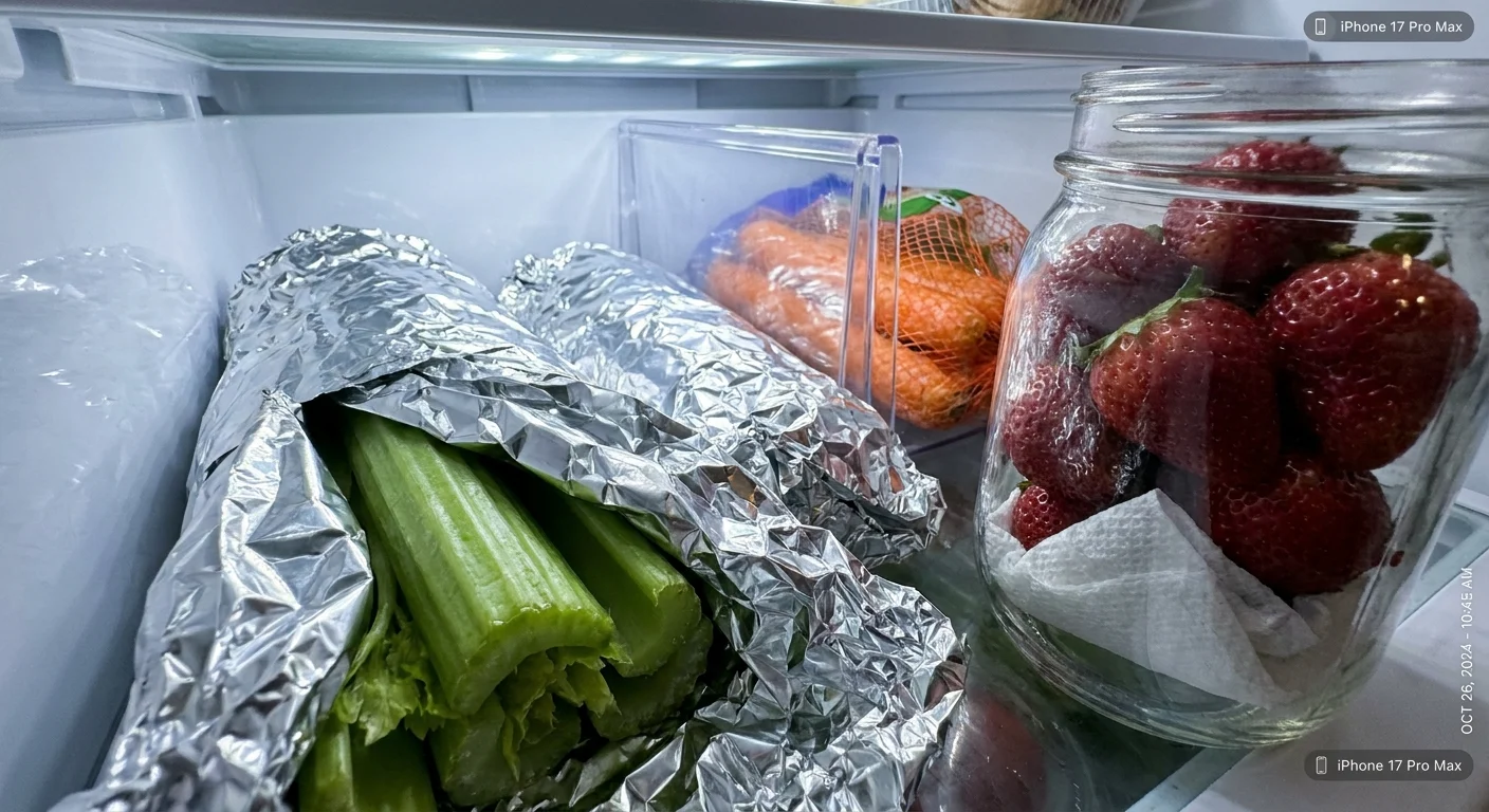 Close-up of celery wrapped in foil and strawberries in a glass jar inside a refrigerator drawer to extend freshness.