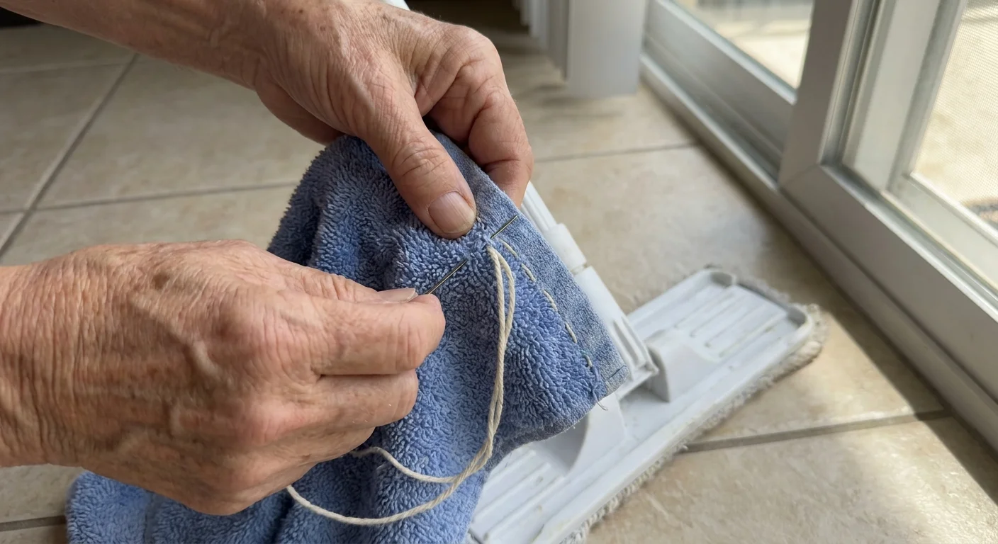 Close-up of hands sewing a piece of an old blue towel onto a mop head to create a reusable cleaning pad.