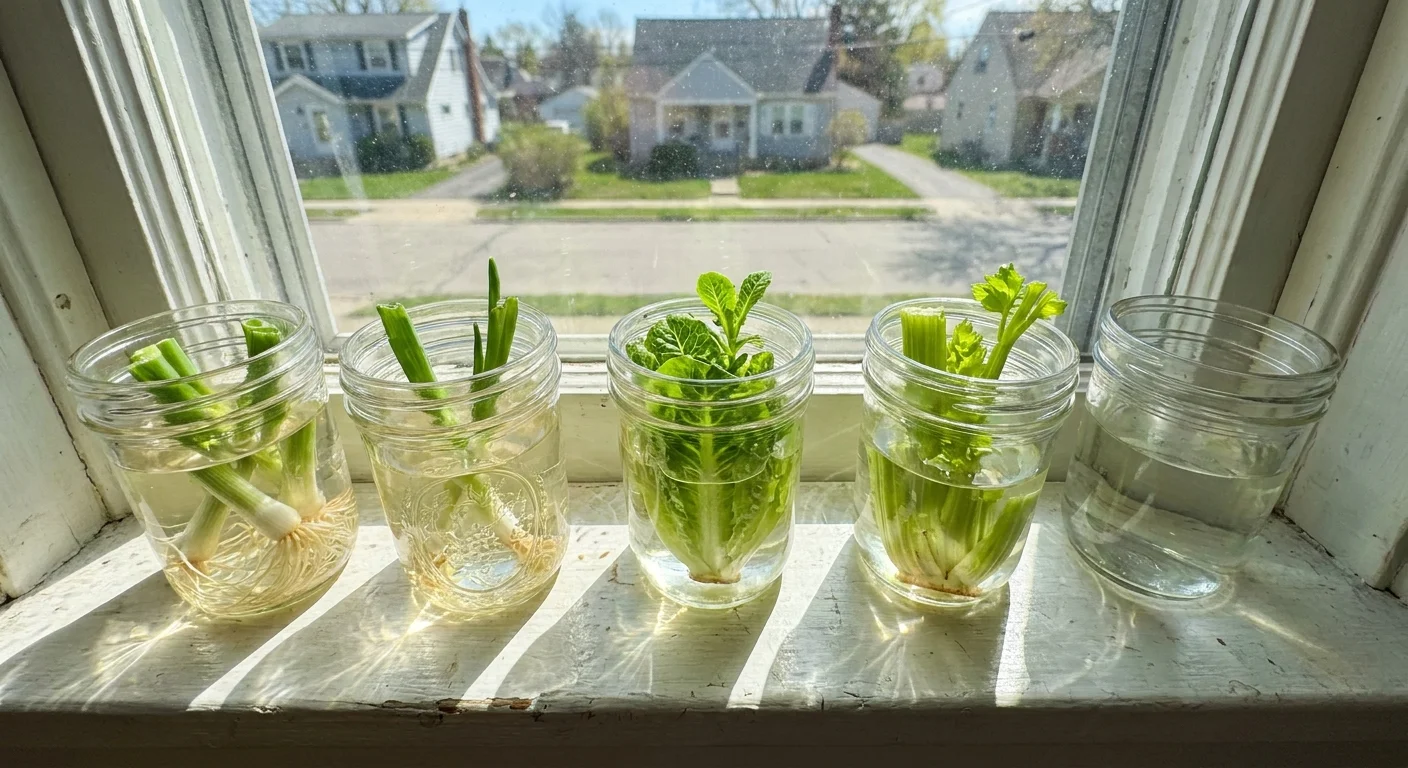 Green onions and lettuce hearts regrowing in small jars of water on a sunny white windowsill.