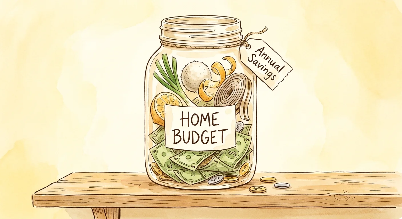 Illustration of a glass jar labeled 'Annual Savings' filled with money and icons of household hacks like green onions and wool balls.