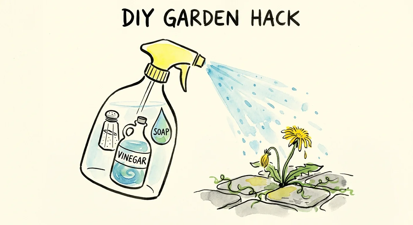 Illustration of a spray bottle containing salt, vinegar, and soap icons, aimed at a wilting dandelion.