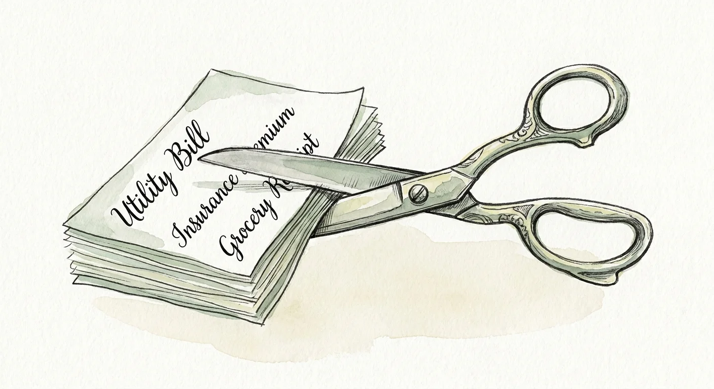 Ink and watercolor illustration of large scissors cutting through household bills, symbolizing cost-reduction strategies.