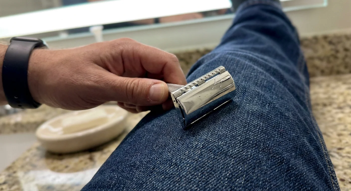 Macro shot of a chrome razor being dried against blue denim fabric to preserve the blade's sharpness.
