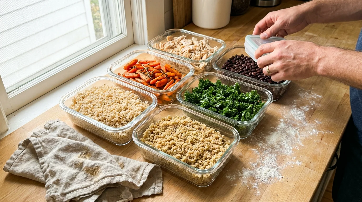 Six glass meal-prep containers filled with rice, carrots, and chicken are lined up on a kitchen counter.