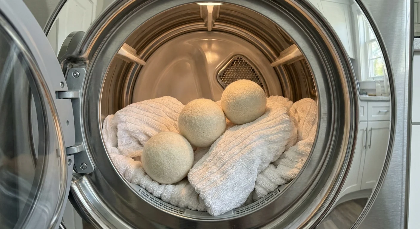 Three white wool dryer balls sitting inside a dryer drum with a load of white cotton towels.