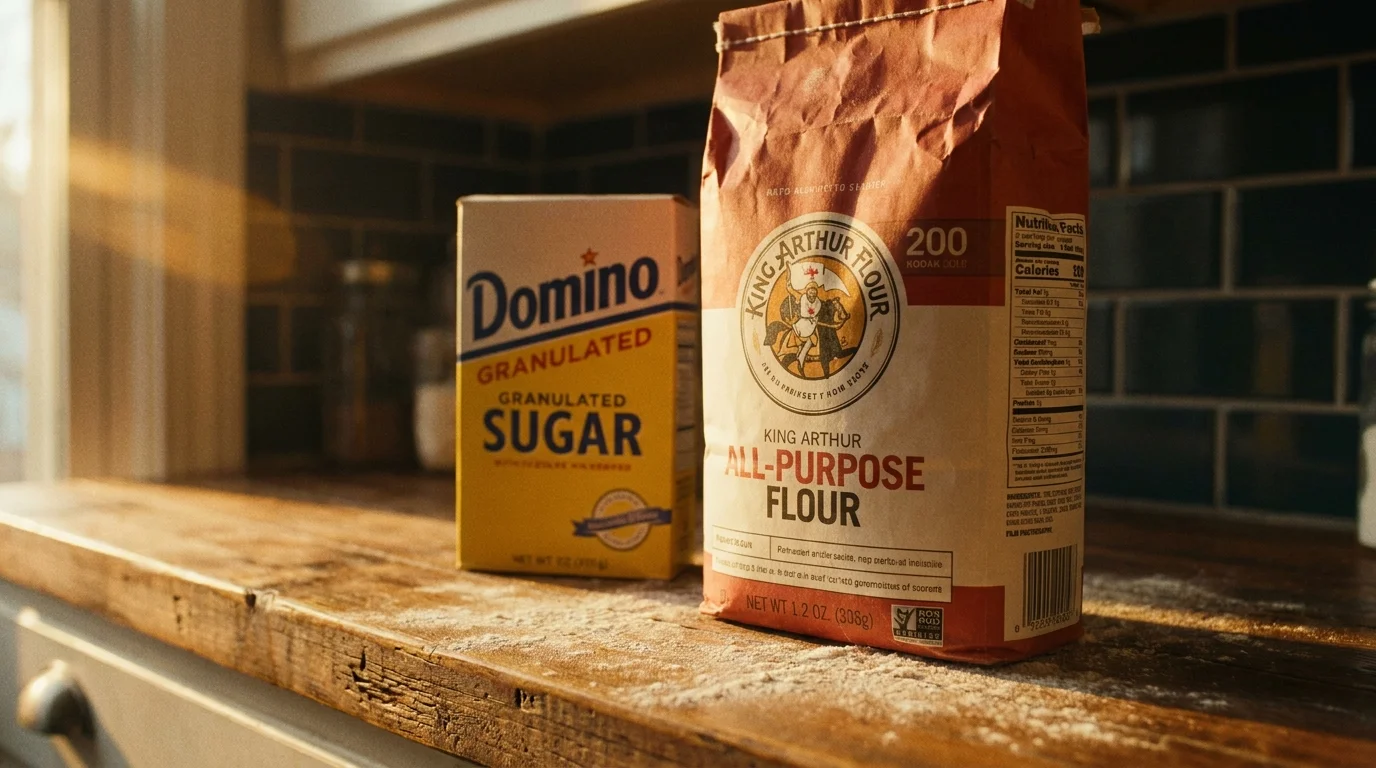 A bag of flour and sugar on a wooden counter in warm afternoon light, suggesting home baking supplies.