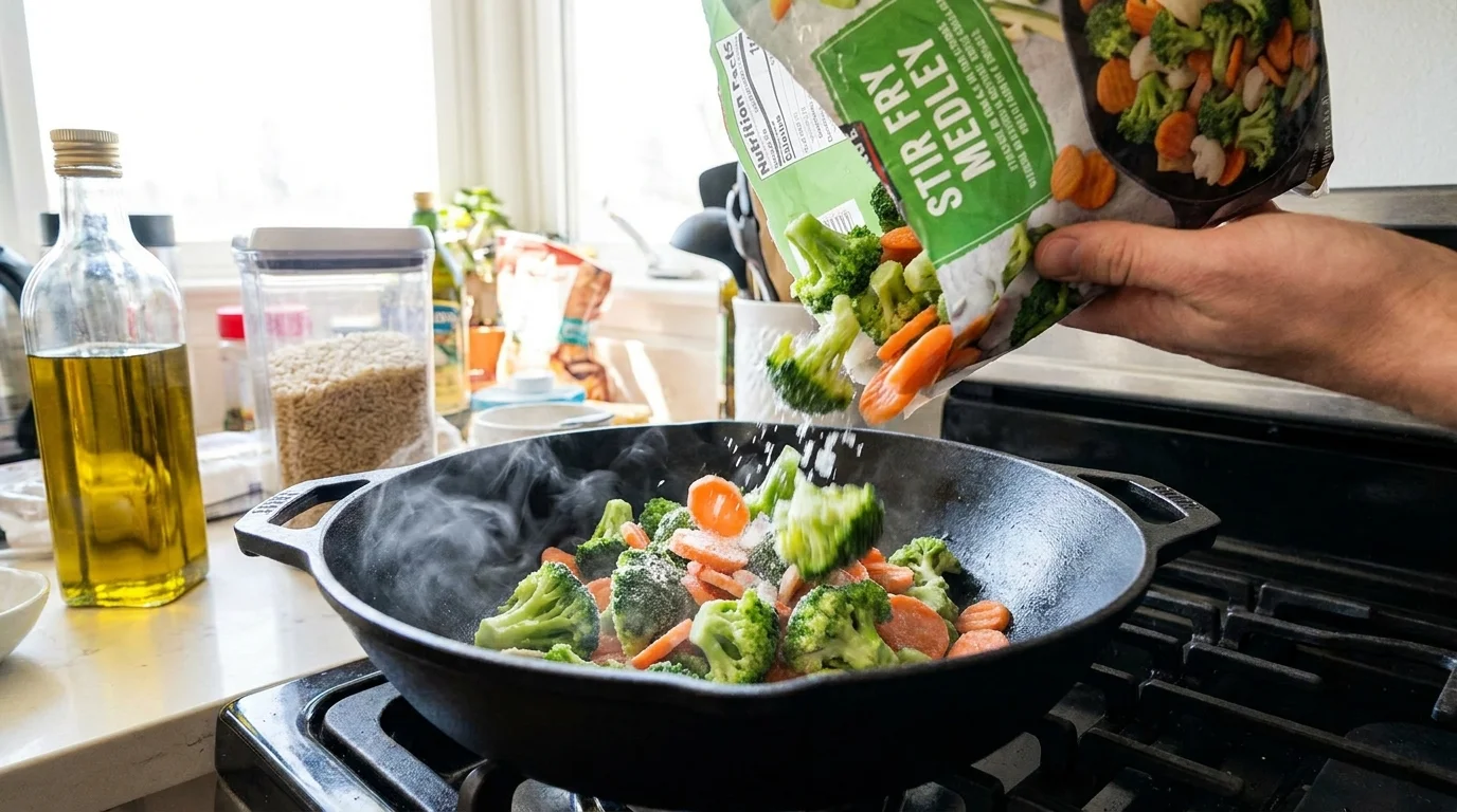 A bag of frozen vegetables being poured into a wok, demonstrating a fast and affordable way to cook a healthy meal.
