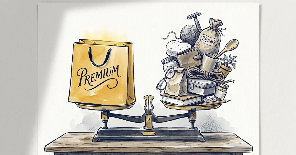 A balance scale weighing a single gold 'Premium' bag against a pile of fifteen affordable everyday items like sponges and razors.