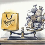 A balance scale weighing a single gold 'Premium' bag against a pile of fifteen affordable everyday items like sponges and razors.