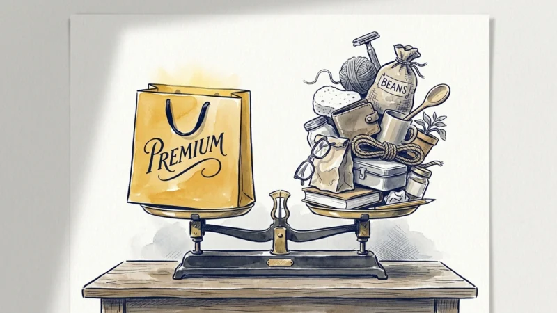 A balance scale weighing a single gold 'Premium' bag against a pile of fifteen affordable everyday items like sponges and razors.