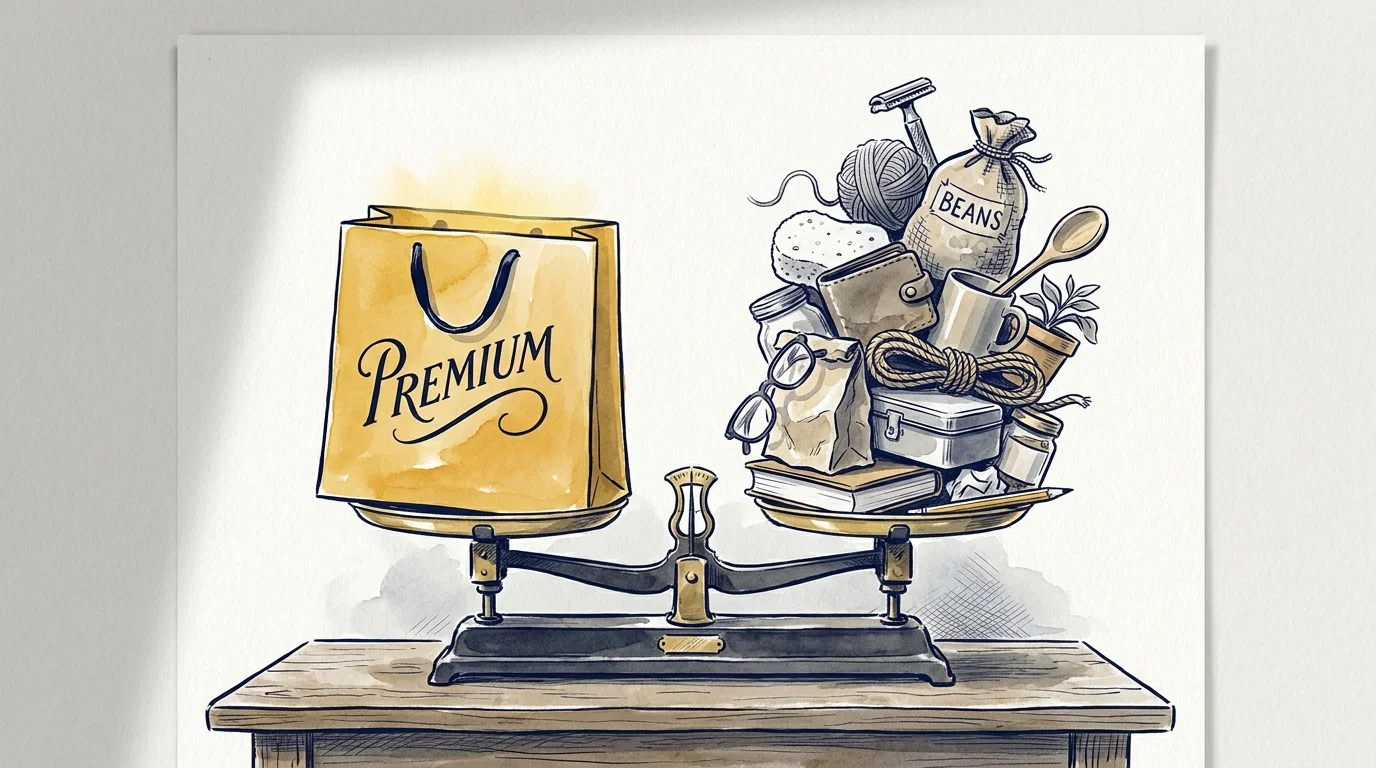A balance scale weighing a single gold 'Premium' bag against a pile of fifteen affordable everyday items like sponges and razors.