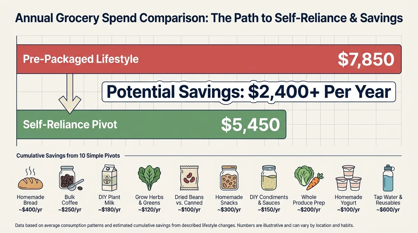 A bar chart comparing a pre-packaged lifestyle to a self-reliance pivot, showing over 2,400 dollars in annual savings.